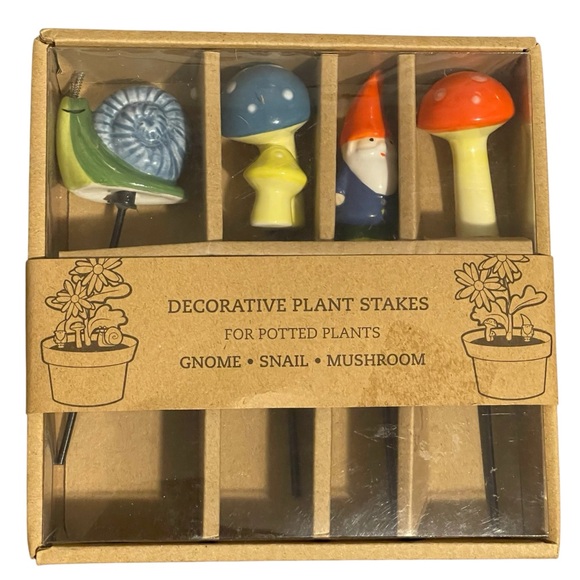 Decorative Ceramic Plant Stakes Indoor Potted Plants Gnome-Snail-Mushroom NIB - Picture 1 of 5